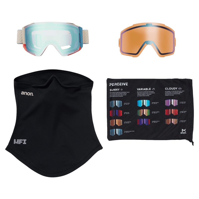 Accessories view of the Anon Sync Goggles in Oat, Perceive Variable Blue lens, unisex model
