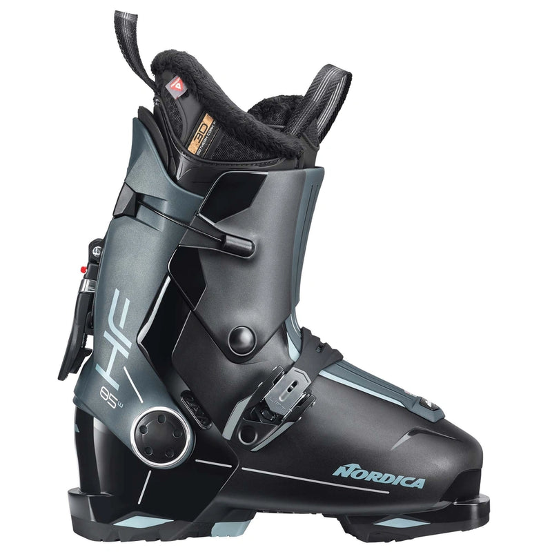 Side view of the Nordica 2026 HF 85 GW Ski Boots in Black/Green/Aqua colourway, womens's model.