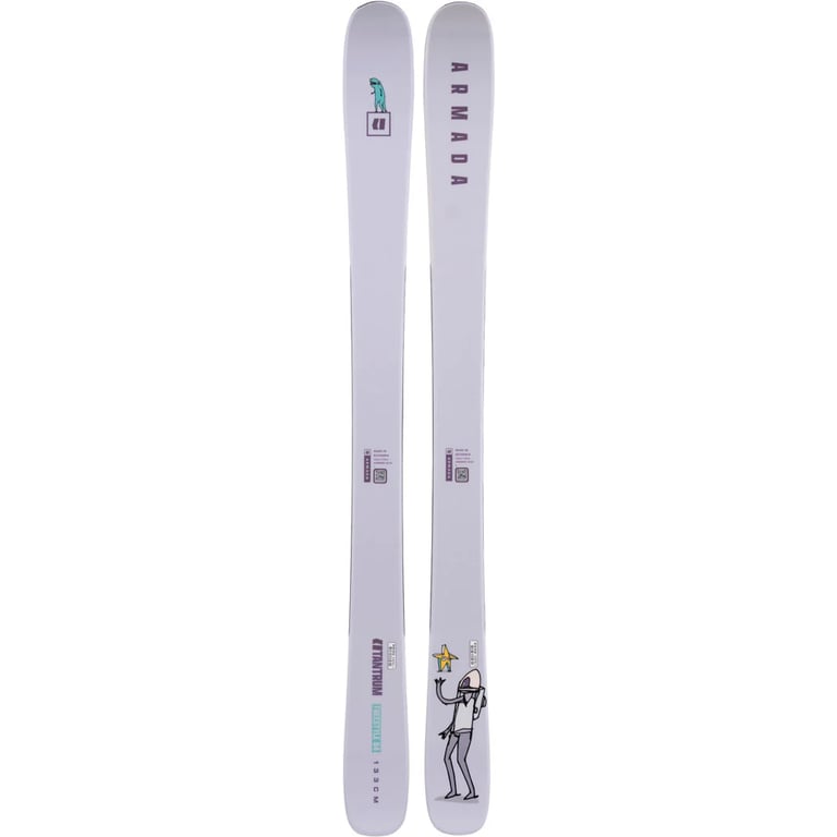 Armada Tantrum 84 kids freestyle skis in light grey with twin tips and cartoon graphics on the tails.