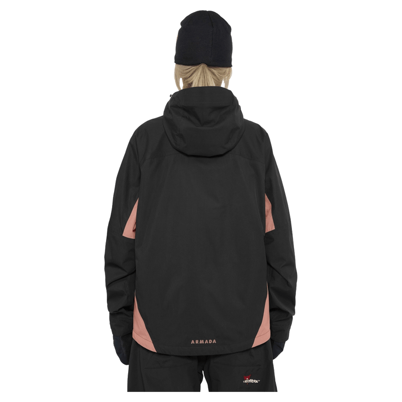 Back view of the Armade Ansel 2L Shell Jacket in Black and Faded Rose colourway, unisex's model