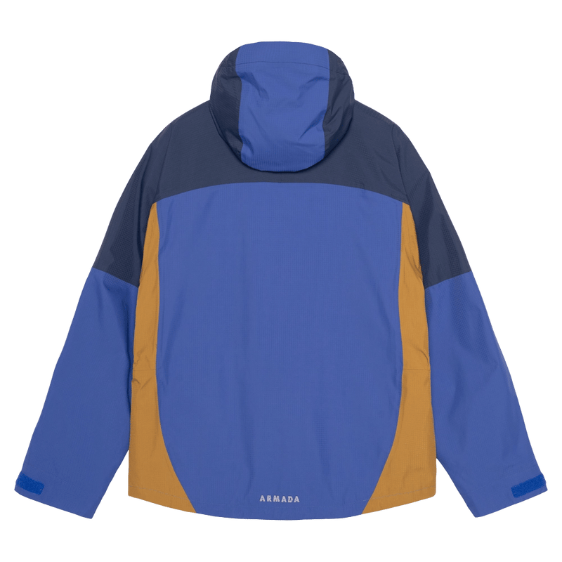Back view of the Armade Ansel 2L Shell Jacket in Dazzler, Navy and Golden Brown colourway, unisex's model