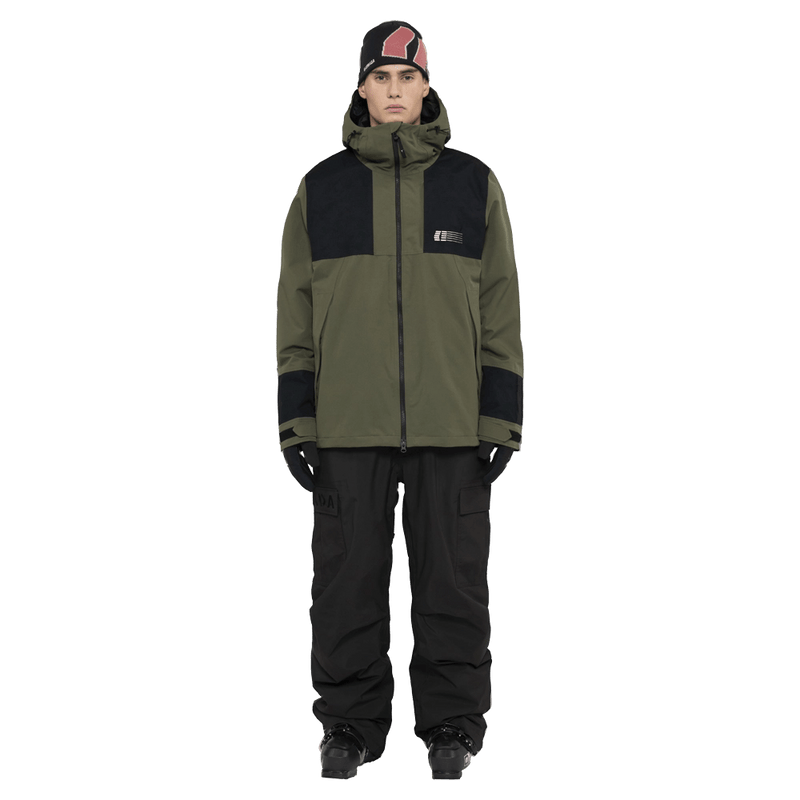 Full-body view of the Armada Bargs 2L Insulated Jacket in Olive colourway, unisex's model