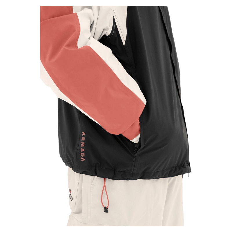 Close view of the Armada Gansett 2L Insulated Jacket in black, cream and faded rose colourway, unisex's model