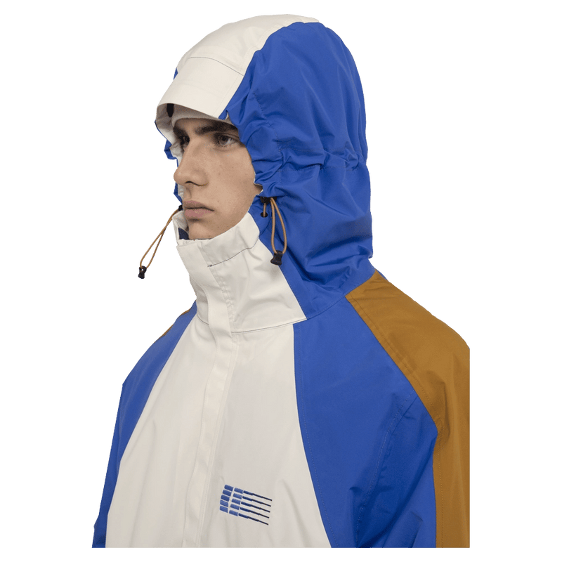 Hood view of the Armada Gansett 2L Insulated Jacket in cream, dazzler and golden brown colourway, unisex's model