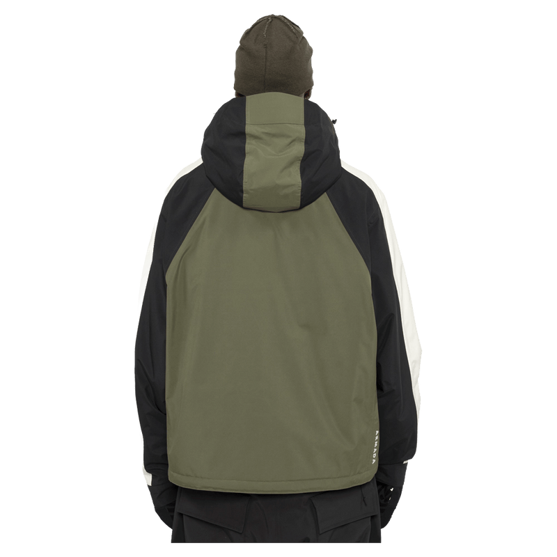 Back view of the Armada Gansett 2L Insulated Jacket in olive, black and cream colourway, unisex's model