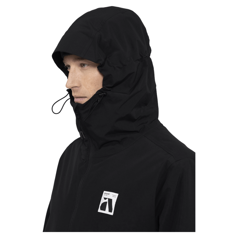 Hood view of the Armada Reedy 2L Jacket in Black colourway, men's model