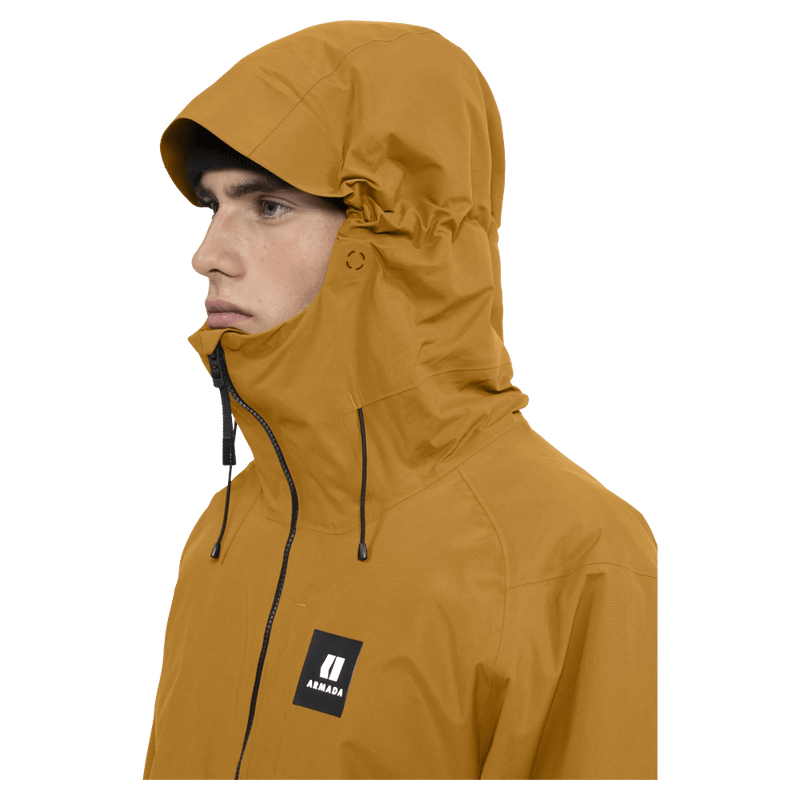 Hood view of the Armada Romer 2L Jacket in Golden Brown colourway, men's model