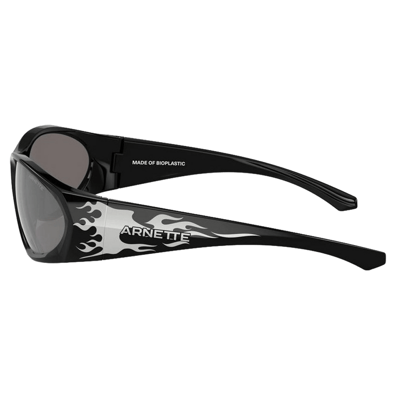 Side view of the Arnette Ilum 2.0 Sunglasses in Black Silver Flames, Light Grey Mirror lens, unisex model