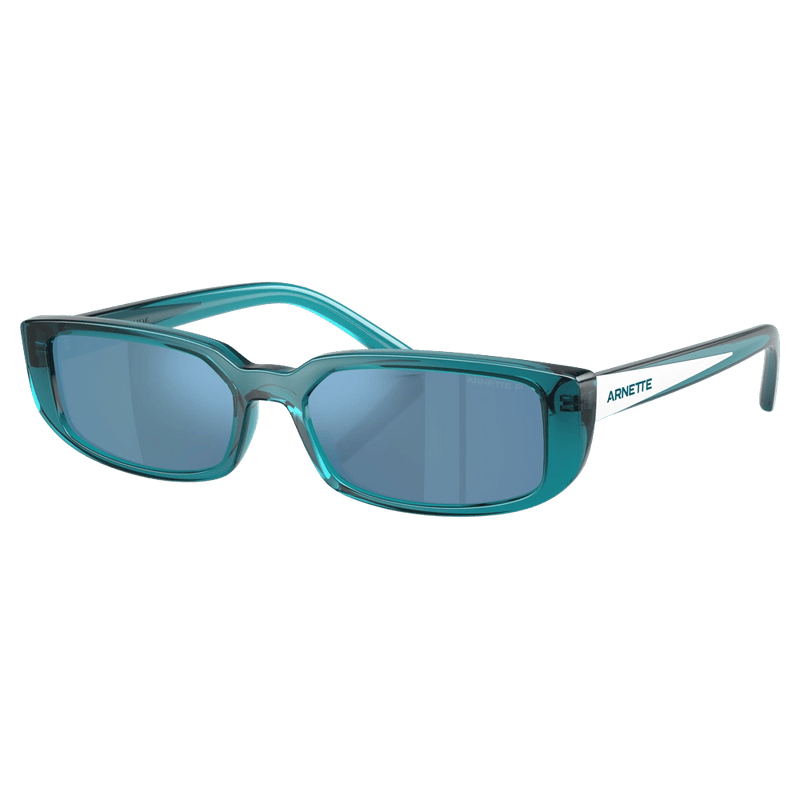 Main view of the Arnette Jet Sunglasses in Transparent Blue, Dark Grey lens, unisex model