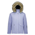 Light purple Pure Aspen women's ski jacket with a faux-fur trimmed hood and snap-button pockets, front view.