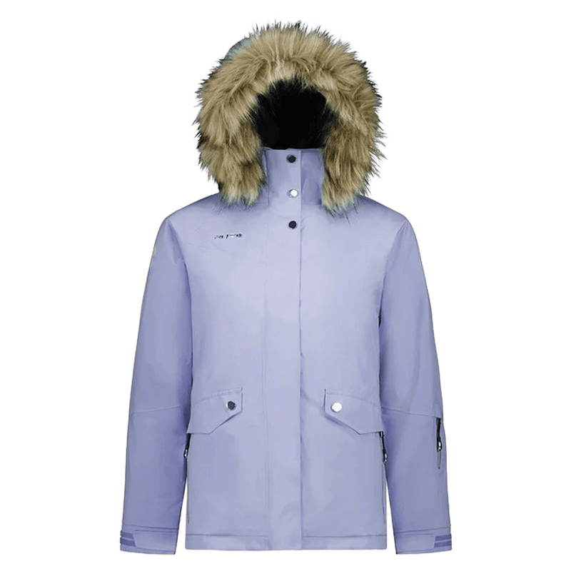 Light purple Pure Aspen women's ski jacket with a faux-fur trimmed hood and snap-button pockets, front view.