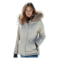 Off-white Pure Aspen women's ski jacket with a faux fur-trimmed hood, front flap pockets, and zip-up front.
