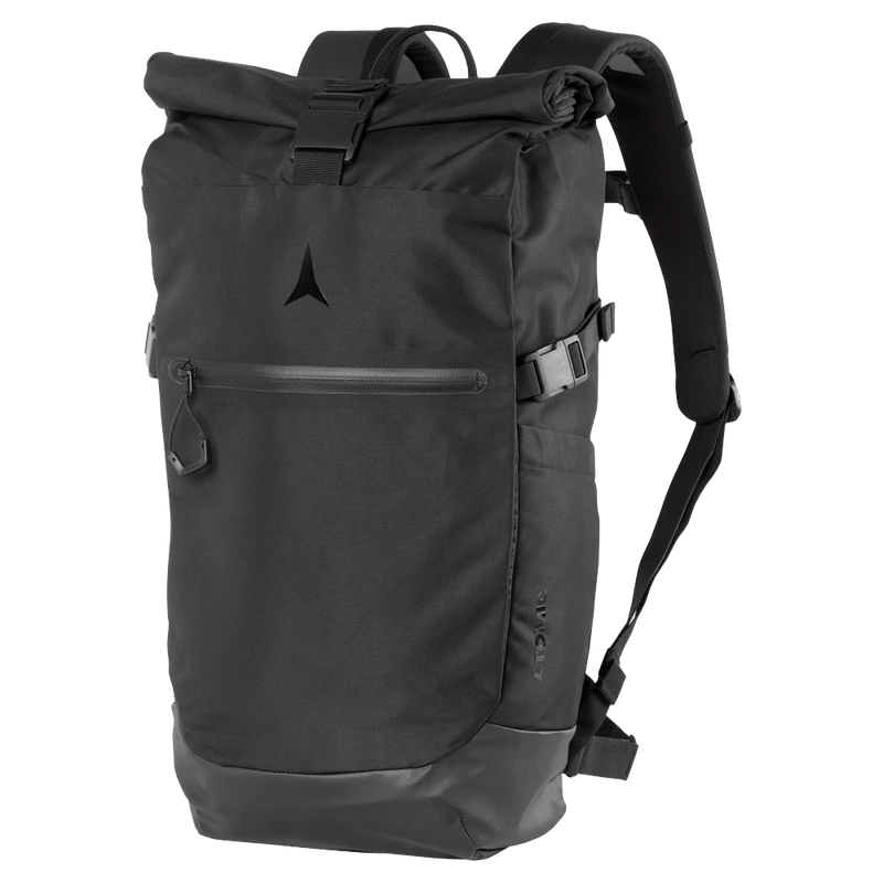 Main view of the Atomic Daypack Backpack in Black colourway, unisex model