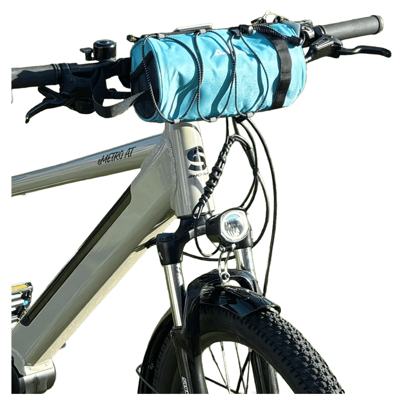 Mounted view of the Azur Handle Roll Bag in Turquoise colourway, unisex model