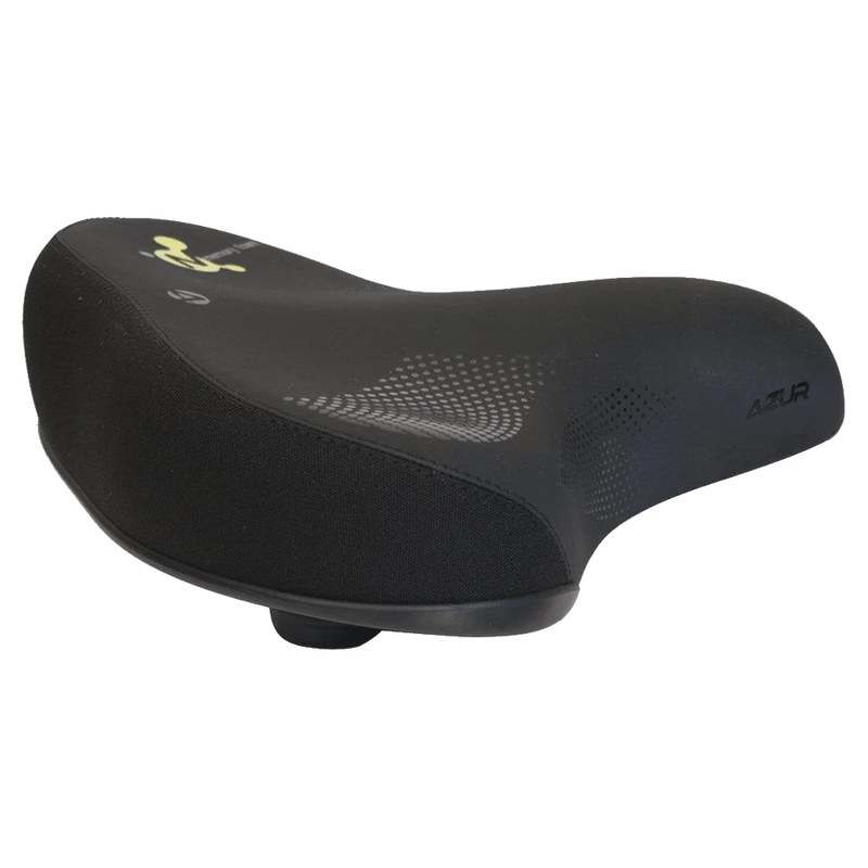 Side view of the Azur Pi Pro Memory Foam Bike Seat in Black colourway, unisex model