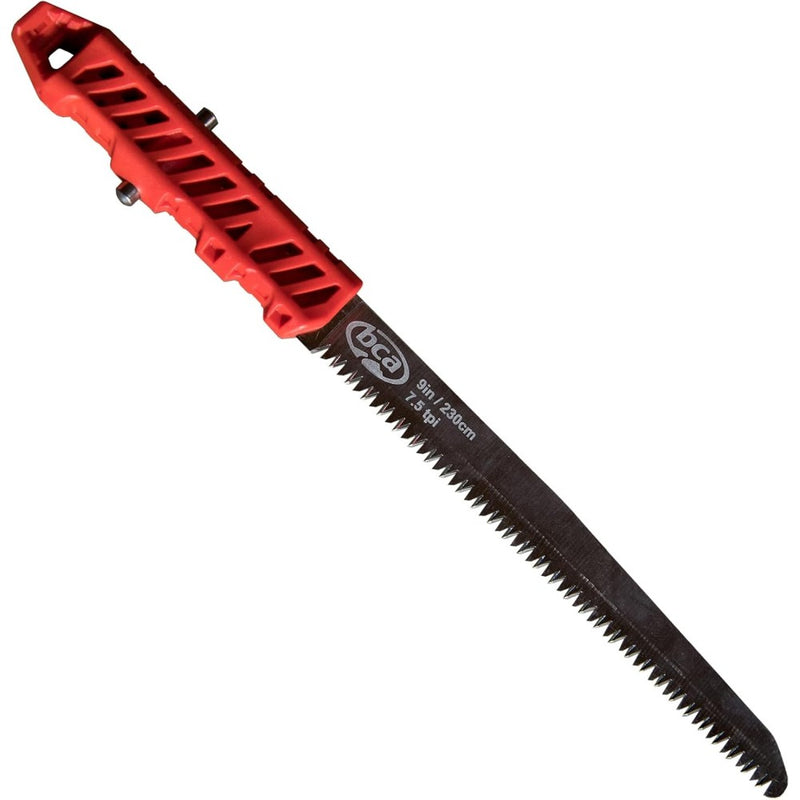 BCA Dozer 2H-S snow saw with a red textured handle and black serrated 9-inch metal blade.
