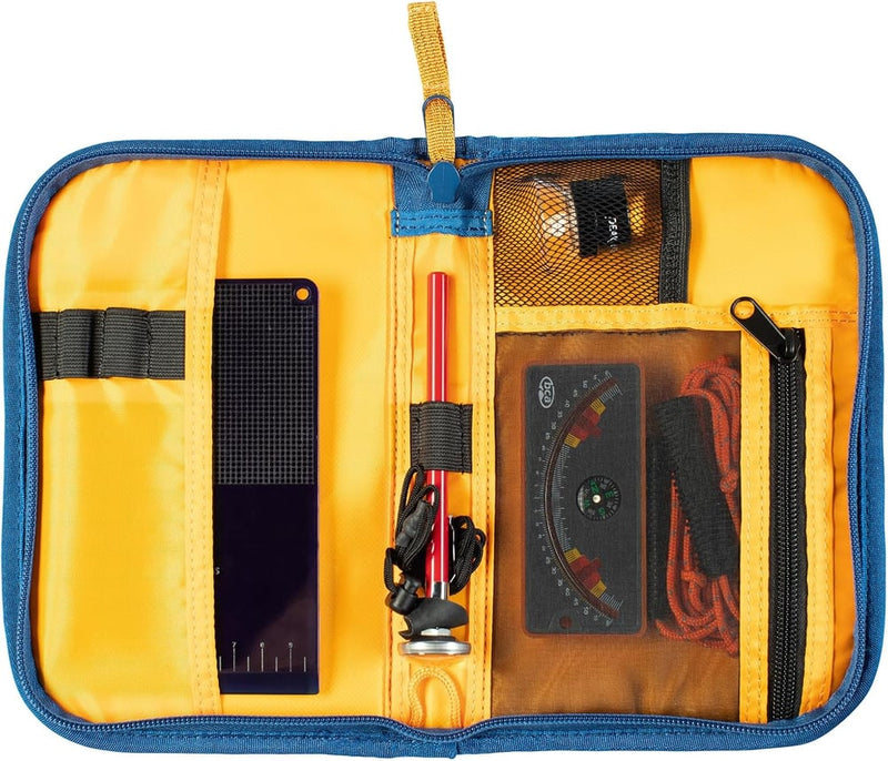 Open case with pockets and zippered pouches containing a slope meter, crystal card, analog thermometer, magnifying loupe, ect cord