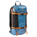 Blue and black Burton AK Dispatcher backcountry backpack with orange compression straps and ripstop fabric.