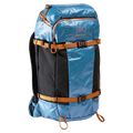 Blue and black Burton AK Dispatcher backpack with orange straps, shiny ripstop fabric, and multiple buckles.