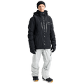Black Burton AK Lz Gore-Tex 2L Down Snowboard Jacket with waterproof zippers and white logo on a model in white pants.