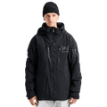 Front view of a black Burton AK Lz Gore-Tex 2L Down Snowboard Jacket with hood, chest zippers, and white logos.