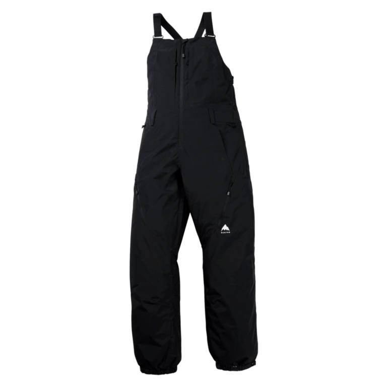Black Burton Reserve Bib Snowboard Pants for women featuring adjustable straps, front zipper, and zippered side pockets.