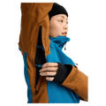 Underarm view of the Burton AK Embark Snowboard Jacket in Blue Teal and Chestnut colourway, women's model