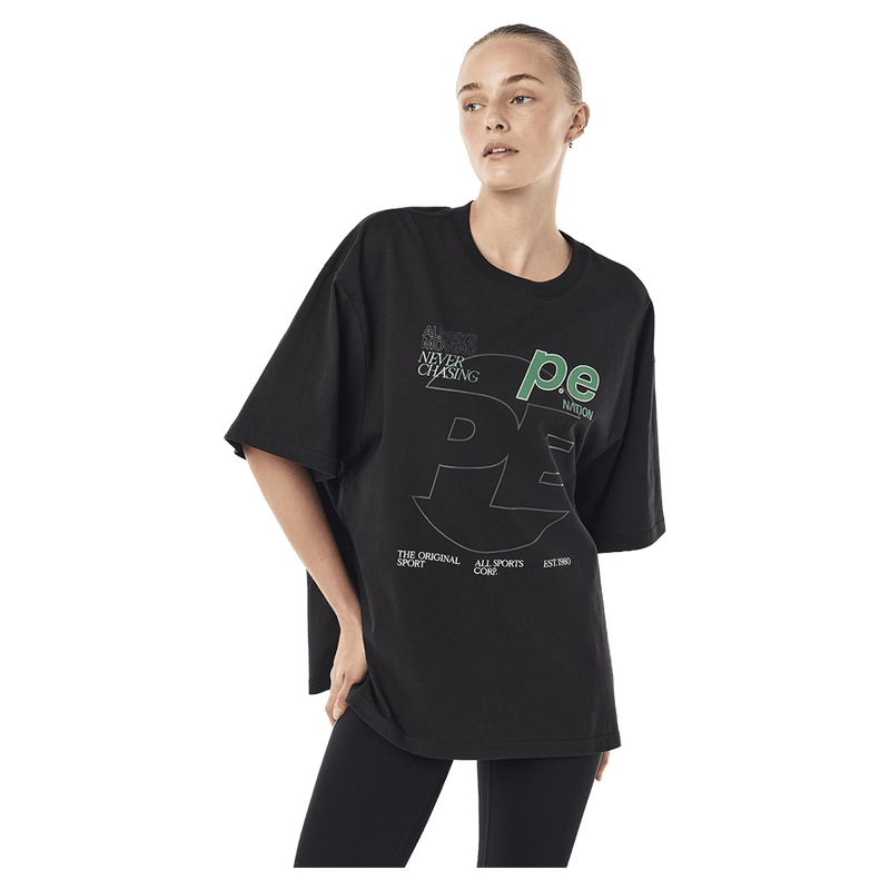 Front view of P.E Nation Current Oversized Tee - Womens in colour Black.