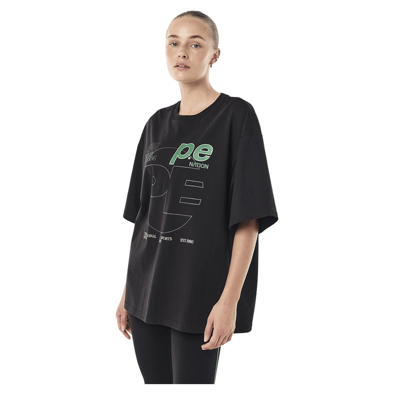 Front view of P.E Nation Current Oversized Tee - Womens in colour Black.