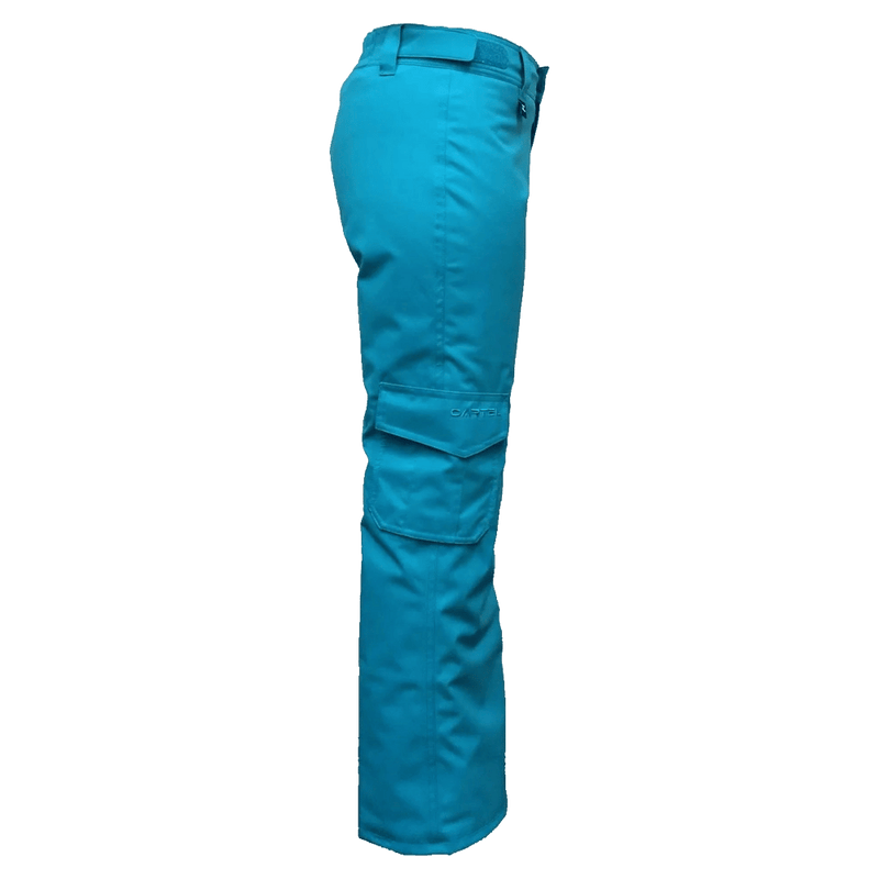 Side view of the Cartel Buck Pants in Aqua colourway, kids model