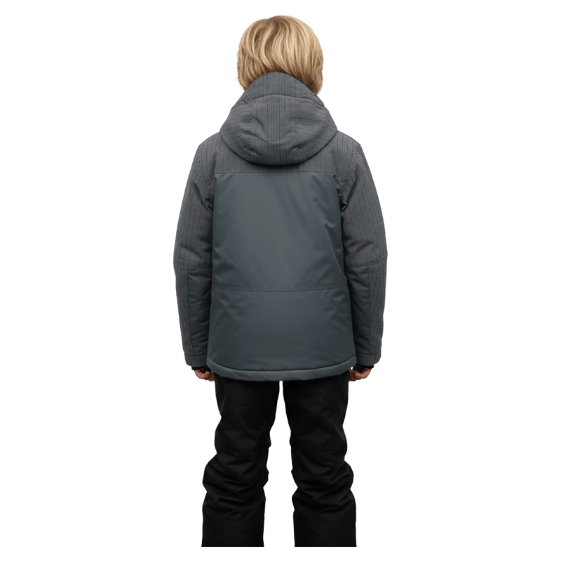 Back view of the Cartel Manfred Jacket in Ebony Plaid colourway, kids model