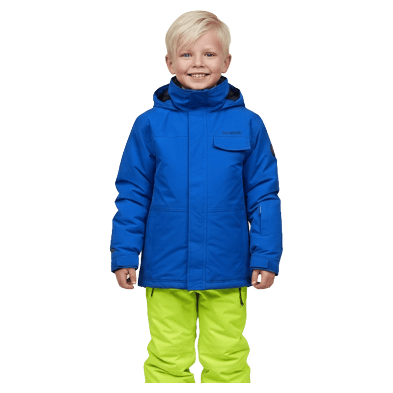 Front view of the Cartel Manfred Jacket in Stratos colourway, kids model