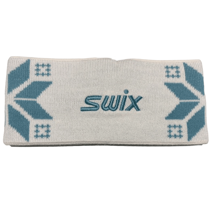 White knit Swix Colorado Headband featuring a light blue snowflake pattern and embroidered blue logo.