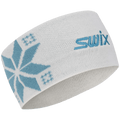 White knit Swix Colorado Headband featuring a light blue snowflake pattern and embroidered blue logo.