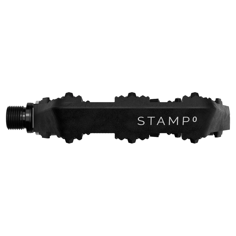 Side view of the Crankbrothers Stamp 0 Pedals in Black colourway, unisex model