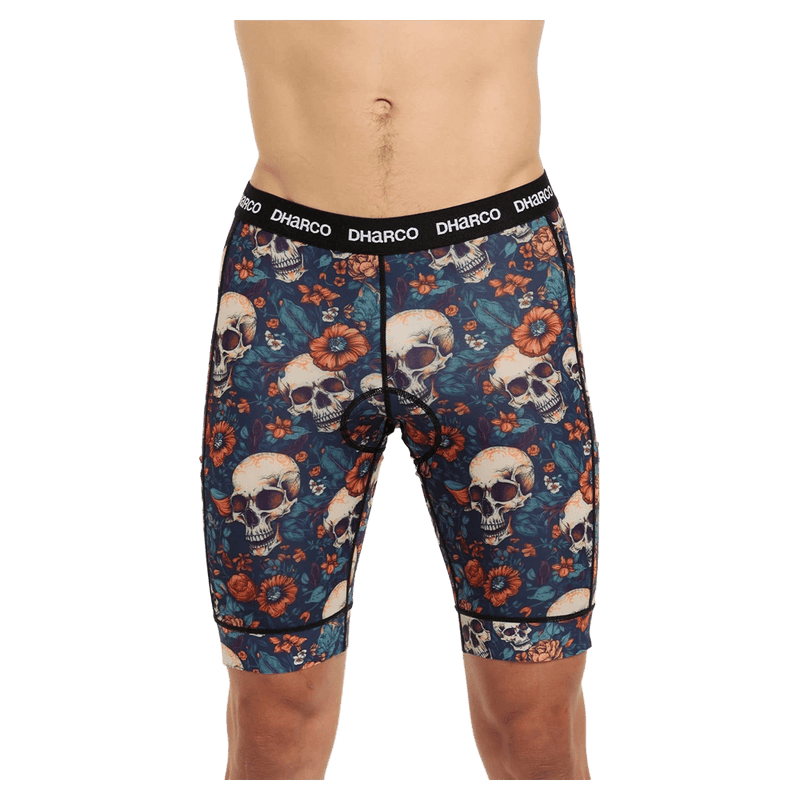 Front view of man in the Dharco Padded Bike Party Pants in colour Skullduggery.