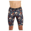 Front view of man in the Dharco Padded Bike Party Pants in colour Skullduggery.