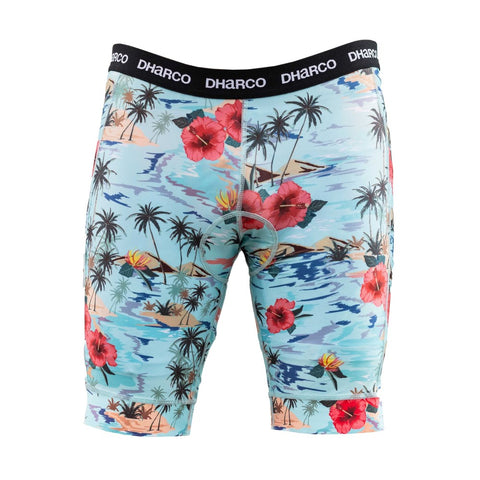 Men's padded shorts for biking in blue Hawaiian print.