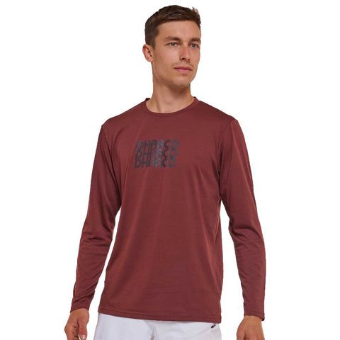 Men's long sleeve tech-tee in red with black logo.