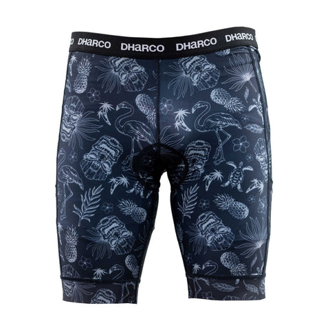 Men's padded shorts for bikes in navy with white drawings.