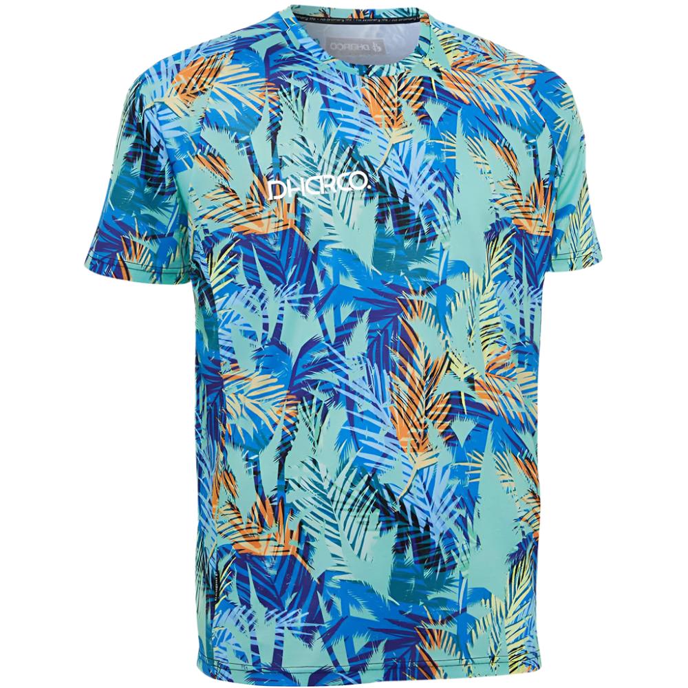 Men's short sleeve mtb jersey in blue with blue and yellow tropical print.