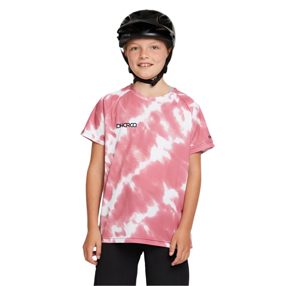 Short sleeve bike jersey for kids in Pink and white tie dye.