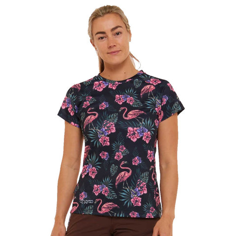 Short-sleeve mountain bike jersey with flower and flamingo print.