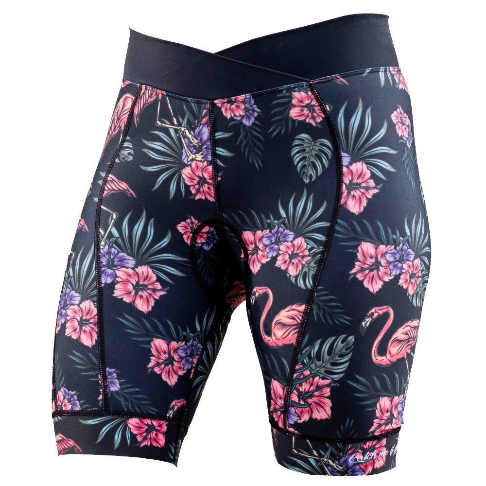 Women's padded cycling short with tropical flowers and flamingos.