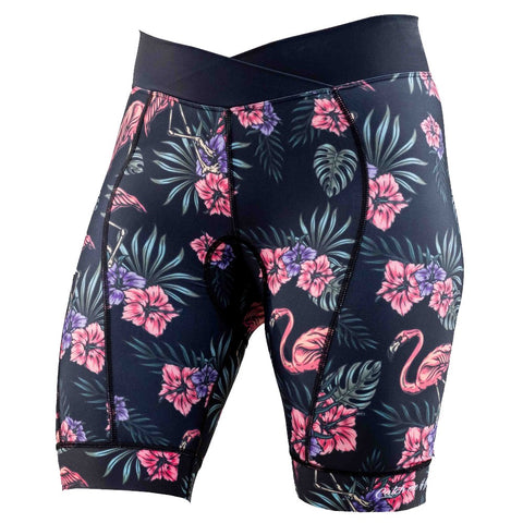 Women's padded cycling short with tropical flowers and flamingos.