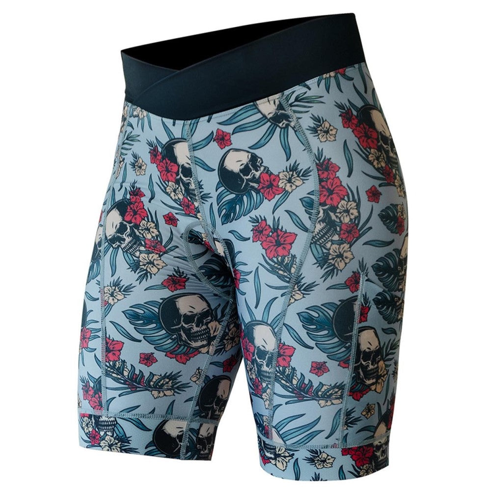 Padded cycling shorts for women in light blue with skulls.