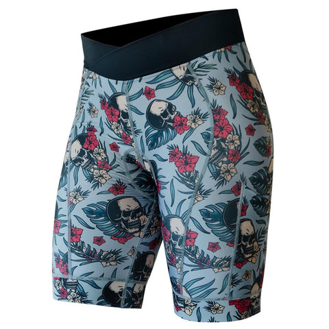 Padded cycling shorts for women in light blue with skulls.