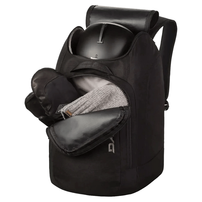 Front pockets view of the Dakine Boot Pack 50L in Black colourway, unisex's model