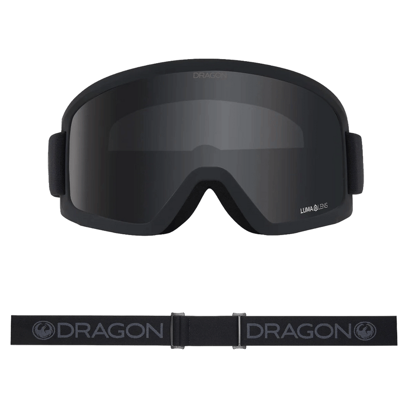 Front view of the Dragon DX3 L Goggle in BLACKOUT and DARK SMOKE colourway, unisex's model
