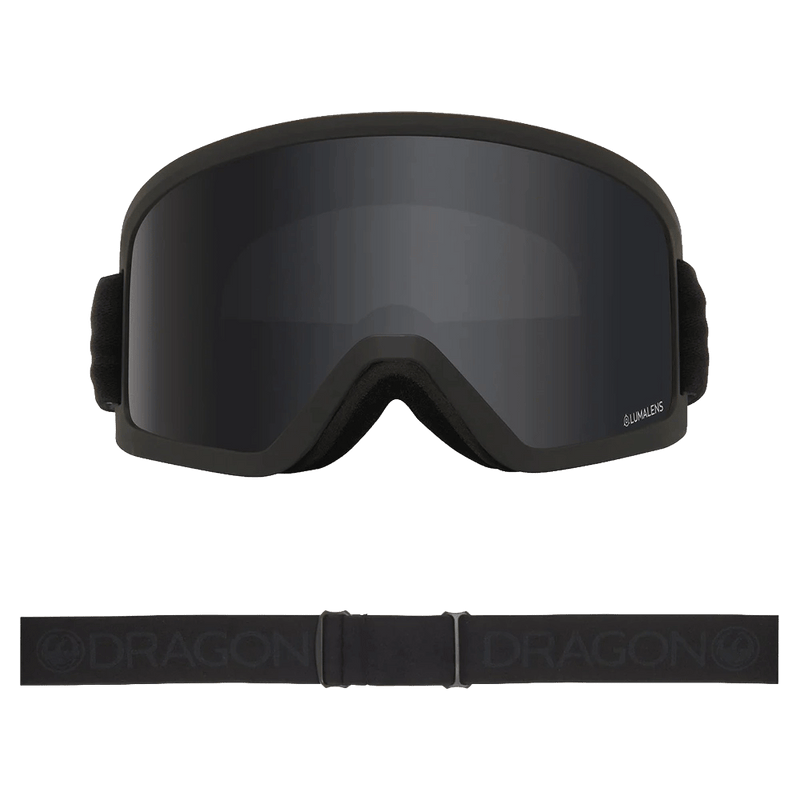 Front view of the Dragon DX3 Goggle in BLACKOUT and DARK SMOKE colourway, unisex's model